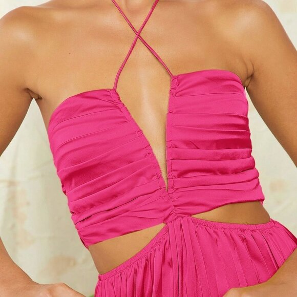 Red Violet Preppy Womens Cut Out Waist Tie Pleated Satin Dress - Picture 3 of 5